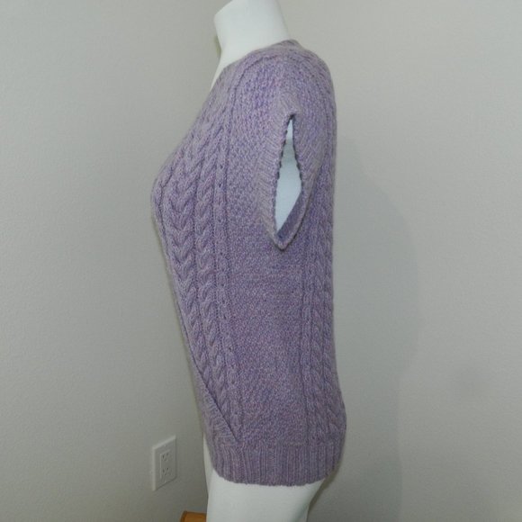 NWT Classic Alpaca Women Lilac Melang Short Sleeve Cable Sweater sz M - Picture 2 of 5